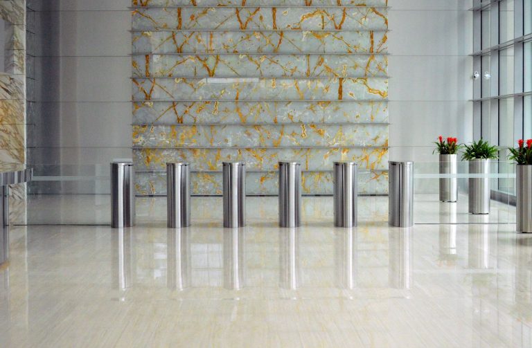 Office building lobby maintained by a commercial cleaning crew